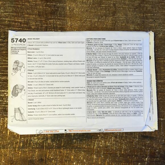 Simplicity Sewing Pattern 5740 Misses Millinery Headpiece Bonnet Hairnet UNCUT - Picture 2 of 2
